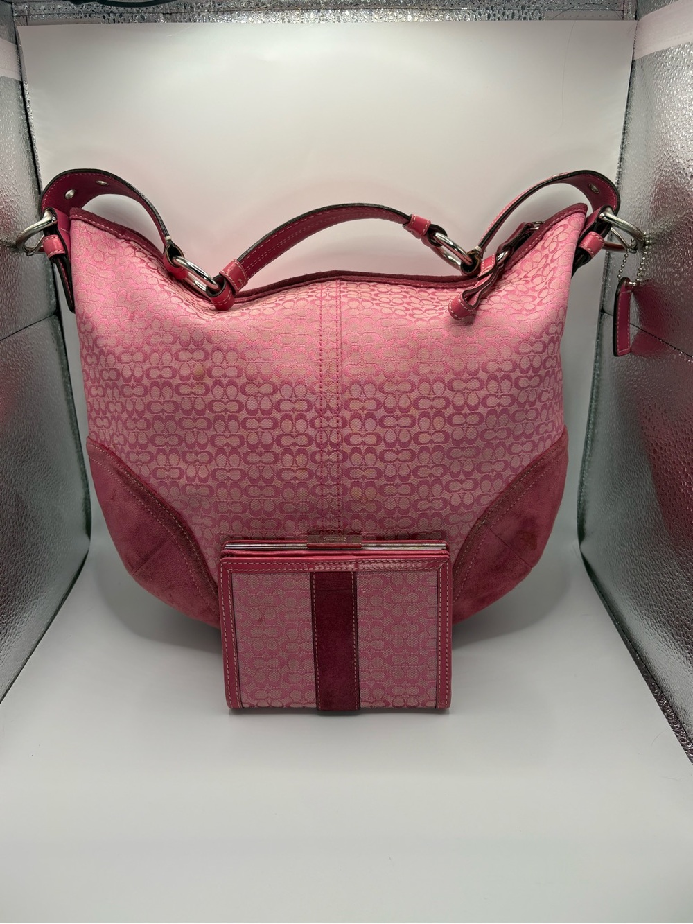 Y2K Vintage Coach Pink Signature Hobo bag with Matching Wallet